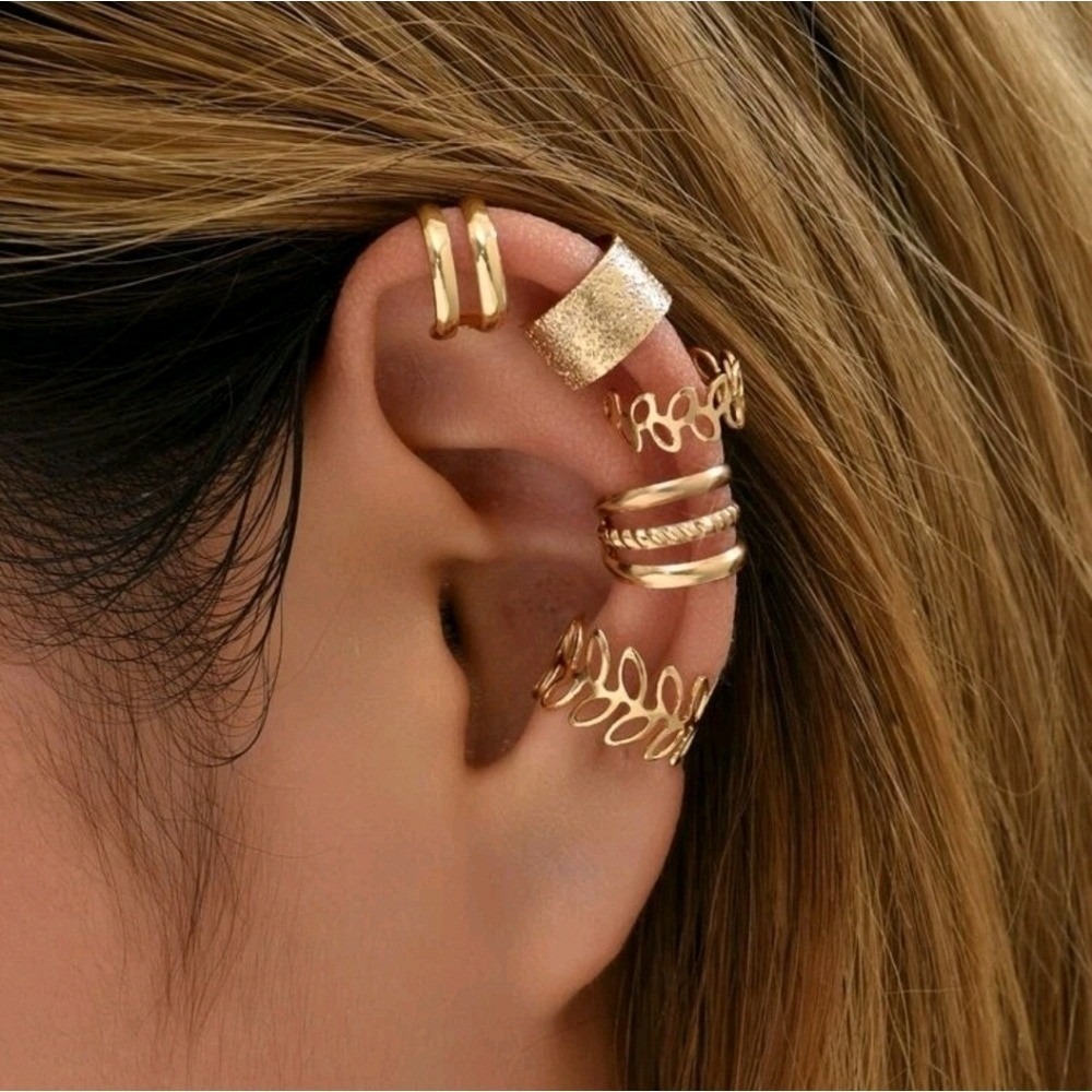 5pcs/set Hollow Out Leaf Decor Ear Cuff Ear Clips Fitting One Ear gold c…